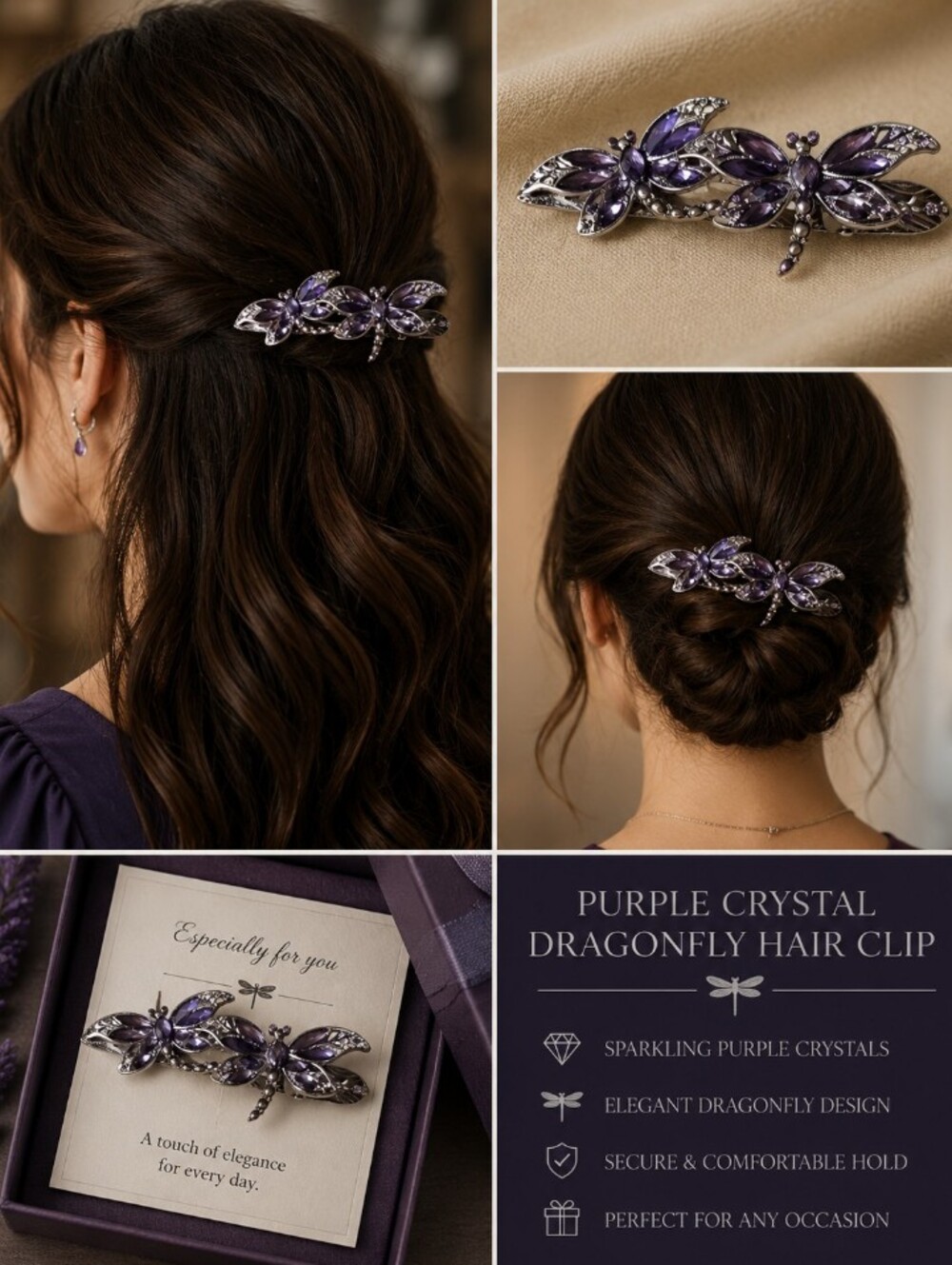 Purple Crystal Dragonfly Hair Clip - Elegant Silver Accent